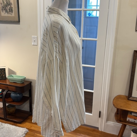 Eileen Fisher white & black strip button down shirt.  Size PM - Picture 5 of 9